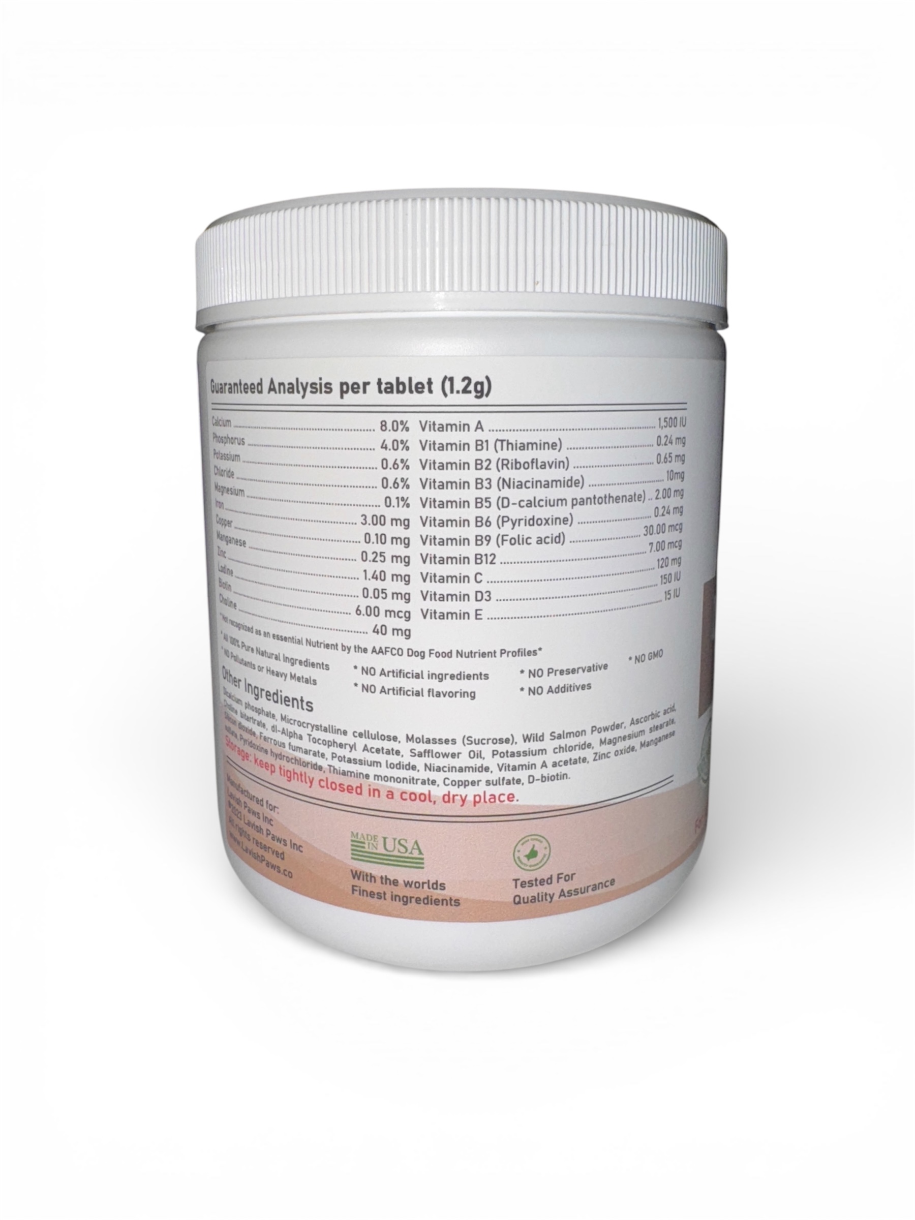 Supplement facts and ingredients for Lavish Paws Multivitamin for dogs