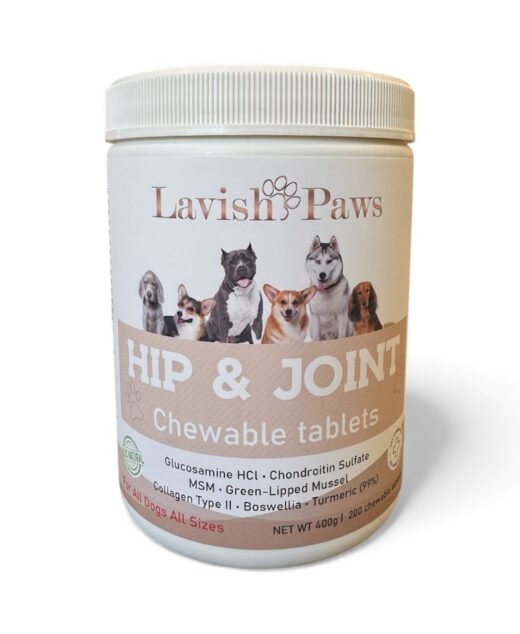 Lavish Paws Hip & Joint Supplement for Dogs – Front Label Showing 200 Chewable Tablets