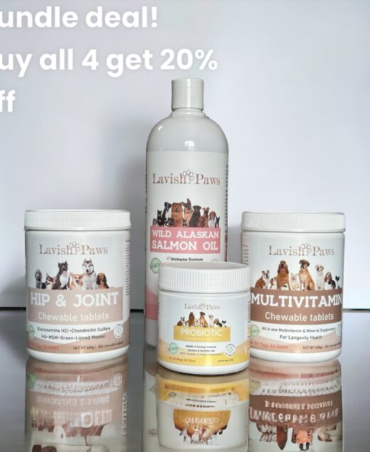 Lavish Paws dog supplement bundle – probiotic, multivitamin, hip and joint, and salmon oil set