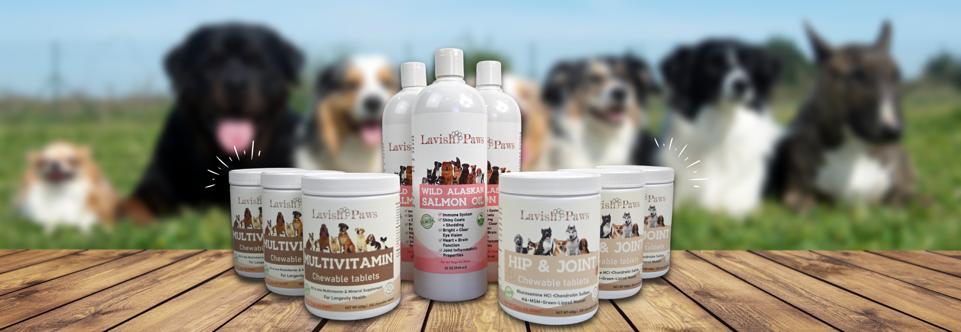 Lavish Paws dog supplement bundle – probiotic, multivitamin, hip and joint, and salmon oil set