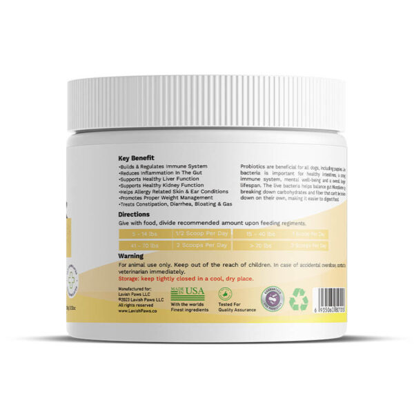 Lavish Paws Probiotic supplement directions, key benefits, and safety warning for dogs