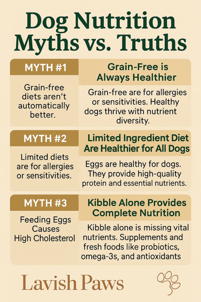 Dog Nutrition Myths vs Truths infographic by Lavish Paws, correcting common myths about grain-free diets, probiotics, kibble-only diets, and more.
