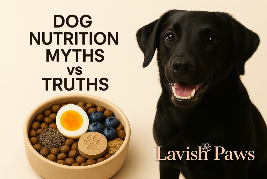 Dog Nutrition Myths vs Truths with Black Labrador, Healthy Dog Bowl, and Lavish Paws Supplements