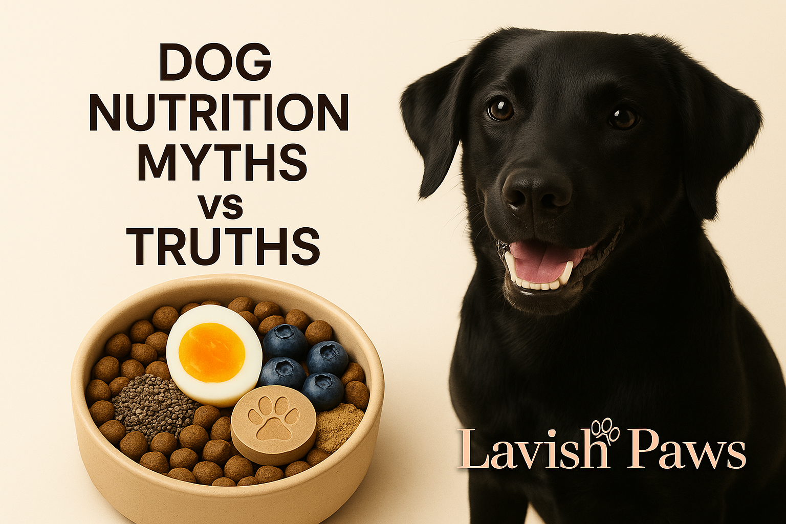 Dog Nutrition Myths vs Truths with Black Labrador, Healthy Dog Bowl, and Lavish Paws Supplements